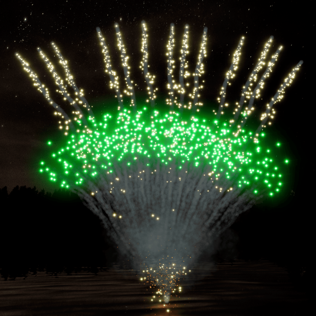 Z 13 - Shot fan gold glitter comet w/ green mine 30 mm - Pyrokratia Oy